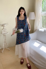 现货设计感韩系甜美重工刺绣撞色背心连衣裙2551P150K228，女装连衣裙，2C029