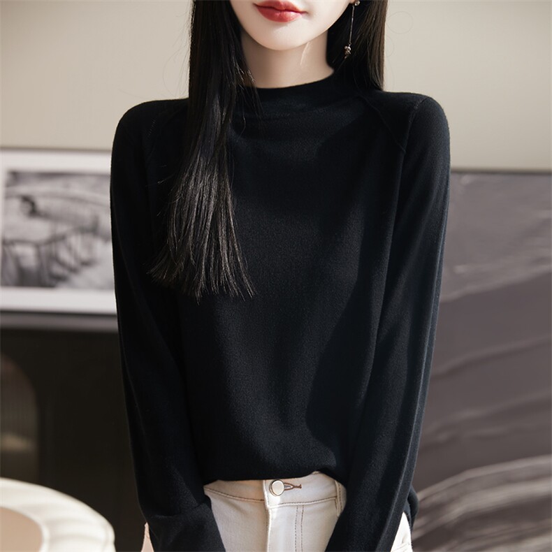 半高领桑蚕丝精纺羊毛衫女春秋莱赛尔长袖针织毛衣宽松打底衫上衣,女装羊毛衫,朝思羊绒
