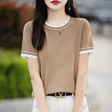 丝光棉针织短袖T恤衫女2025夏薄正肩别致撞色洋气针织t恤上，女装T恤，思牵羊绒