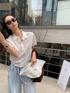 韩版针织短袖t恤polo衫女2025新款翻领纯色夏季正肩体恤上衣半袖图片