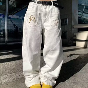 街头潮牌反穿脏脏牛仔裤风刺绣宽松显瘦直筒阔腿拖地裤NZ6660图片