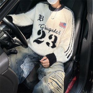 美式复古足球休闲运动风毛衣男女秋冬季情侣圆领球衣风针织衫ins图片