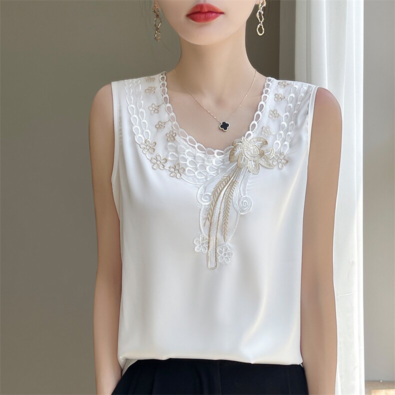 2025夏季新款圆领蕾丝醋酸真丝吊带背心女中式韩版无袖内搭上衣，女装背心吊带，朝贺羊绒