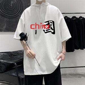 LD54189-P45 连帽短袖t恤男大码胖子带帽五分袖中袖 大皂风图片