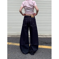 新款潮流文艺美式复古绿松石弯刀牛仔裤女情侣阔腿裤LN13122-P50，男装牛仔裤，星座1008