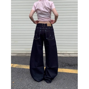 新款潮流文艺美式复古绿松石弯刀牛仔裤女情侣阔腿裤LN13122-P50图片