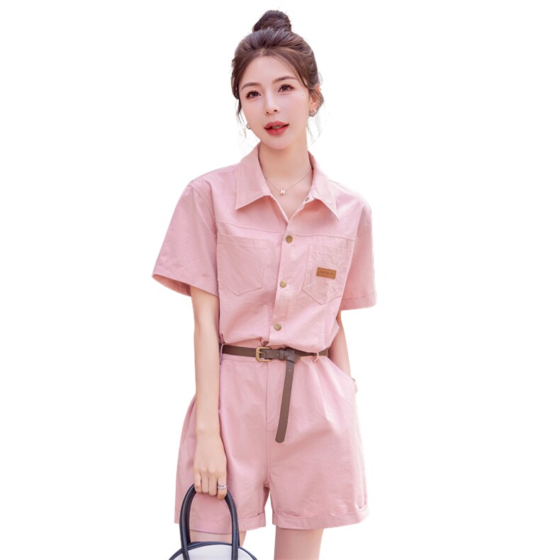 时尚翻领粉色工装连体裤女夏高腰显瘦气质高级感休闲收腰连衣短裤,女装连体裤,新思路