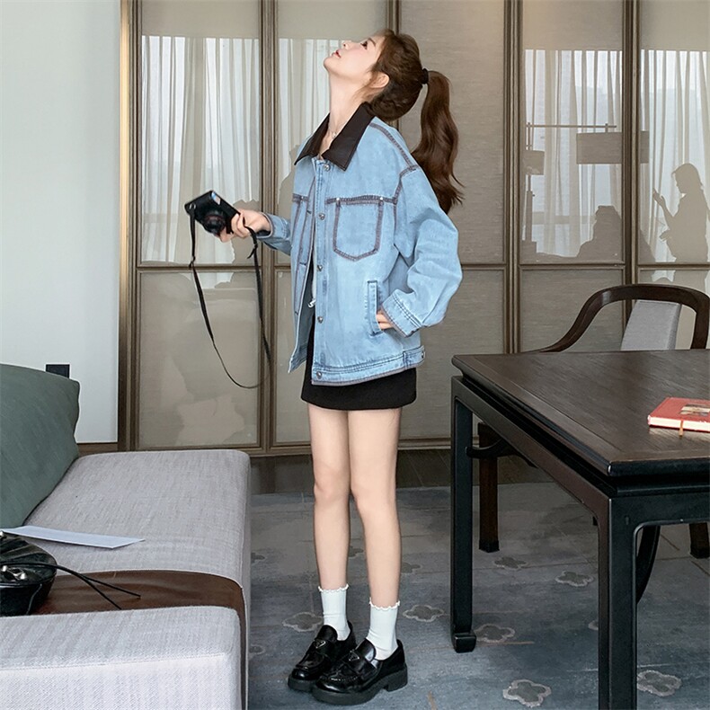 高级感拼色复古休闲牛仔外套女2025春秋新款韩系减龄甜美夹克上衣图片