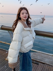 韩系拼接撞色格子围巾短款羽绒服女2025冬立领宽松小个子减龄外套，女装羽绒服，艾米莉亚