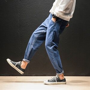 2021春秋季新日系布标装饰宽松复古风大码牛仔男九分裤K069-P40图片