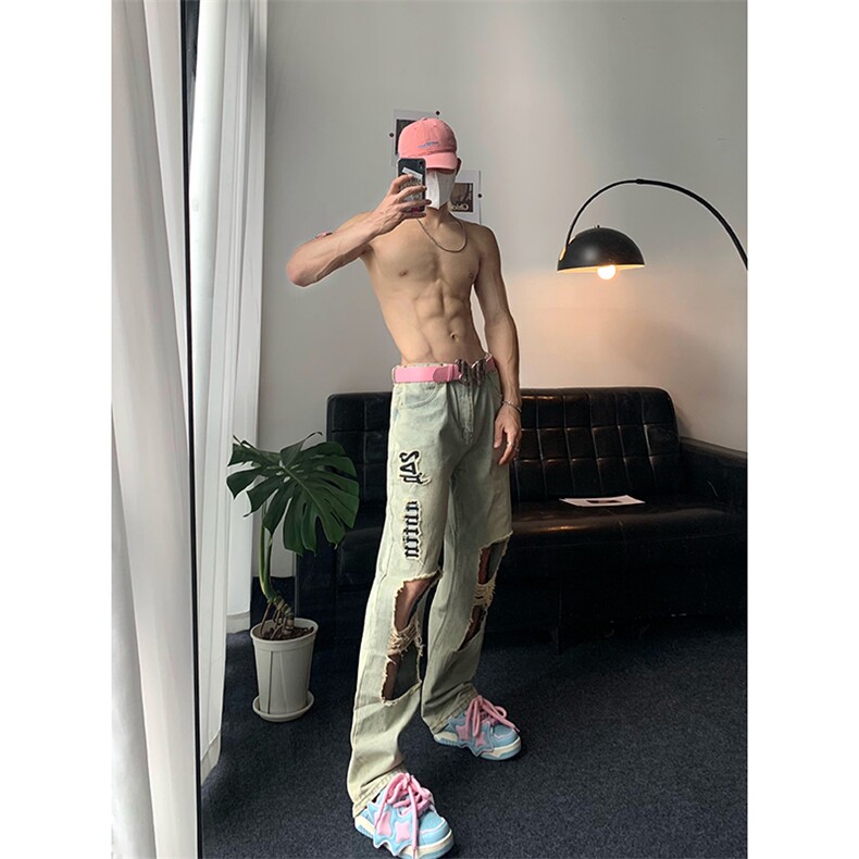 B221美式ins高街小众情侣款大破洞牛仔裤LK23078-P55控78,男装牛仔裤,电商B221
