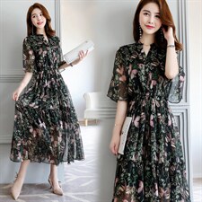 妈妈连衣裙高贵洋气中长款夏季新款高端大码民族风复古气质a字裙L，女装连衣裙，木橙西子