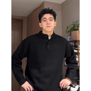 轻奢气质感亨利领黑色毛线衣男士麻花纹理高弹包芯纱针织衫图片