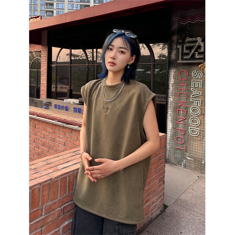 港风大码美式麂皮绒套头圆领无袖T恤背心男潮XZ213-T071-P35控48,男装T恤,星座213