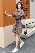 2021夏季新款简约优雅气质翻领宽松灯笼袖设计休闲连衣裙，女装连衣裙，岚衣(原川流布茜）