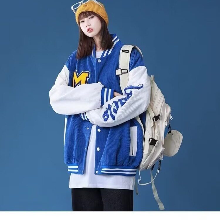 现货自家图秋季美式克莱因蓝拼接棒球服夹克男春秋宽松百搭蓝色情,男装夹克,星座218-1（原230）