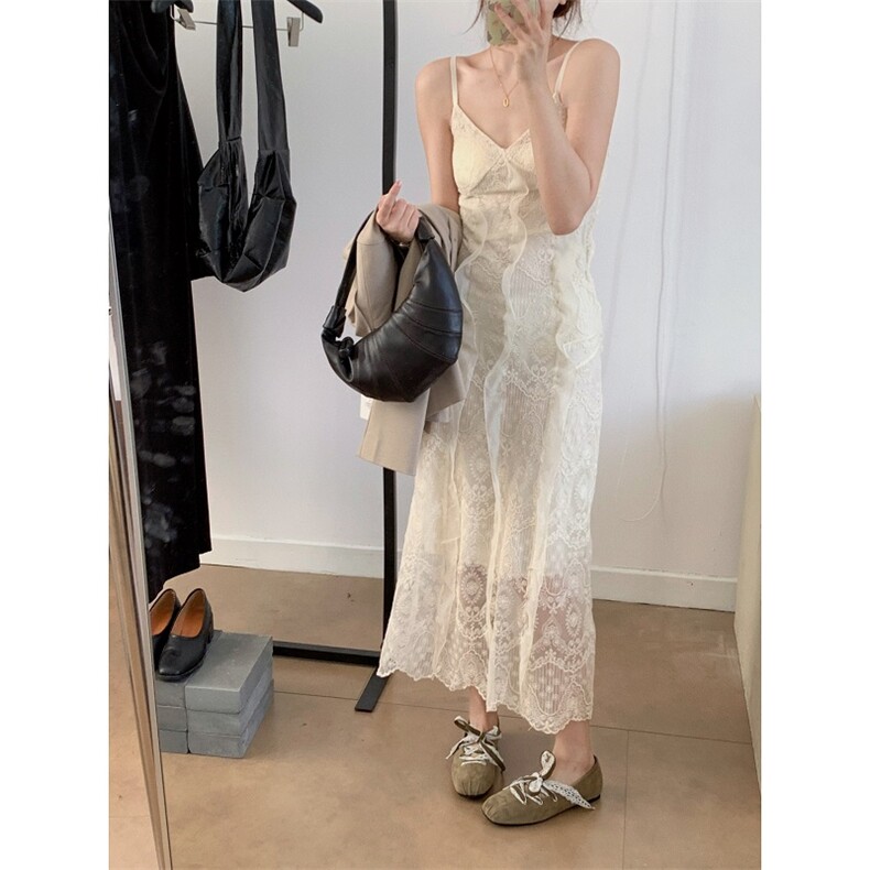 法式蕾丝吊带连衣裙女夏收腰气质漂亮仙女裙性感度假长裙，女装连衣裙，梦白服饰厂