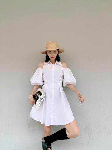 韩版漏肩泡泡袖连衣裙，女装连衣裙，玩美