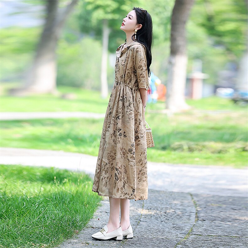 新品优雅复古印花苎麻连衣裙女长款显瘦气质V领宽松大码女装,女装连衣裙,凝聚力