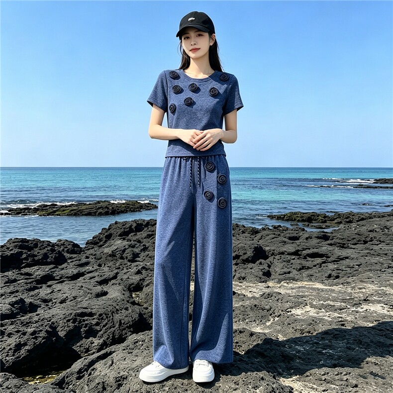 欧货时尚休闲运动套装夏季新款圆领立体花朵上衣直筒长裤两件套潮，女装套装/套裙，江南