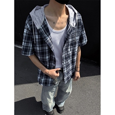 特批P32无差价夏季连帽格子港风短袖衬衫男宽松上衣外套CD5475，男装衬衫，电商A001-1