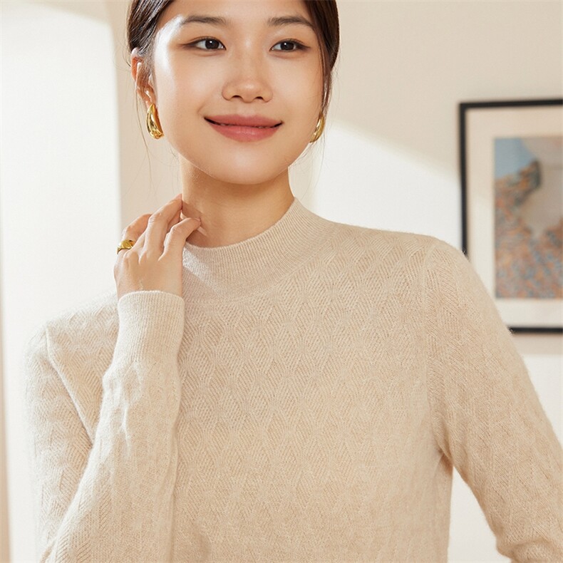 优雅女士半高领菱形绞花时尚百搭通勤羊绒衫时尚百搭显瘦保暖毛衣,女装羊绒衫,澳冬特羊绒
