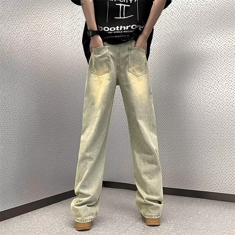 青春流行夏季纽扣长裤宽松直筒慵懒潮直脚潮流新款水洗男牛仔裤,男装牛仔裤,四季星座218-1