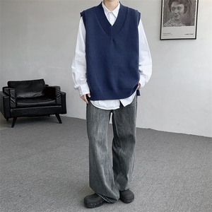 针织V领毛衣背心侧边下摆开叉马甲男叠穿外套日系慵懒坎肩9099P58图片
