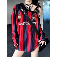 美式复古球衣女春秋季2025新款竖条纹撞色V领宽松慵懒风女孩上衣，男装T恤，星座506A