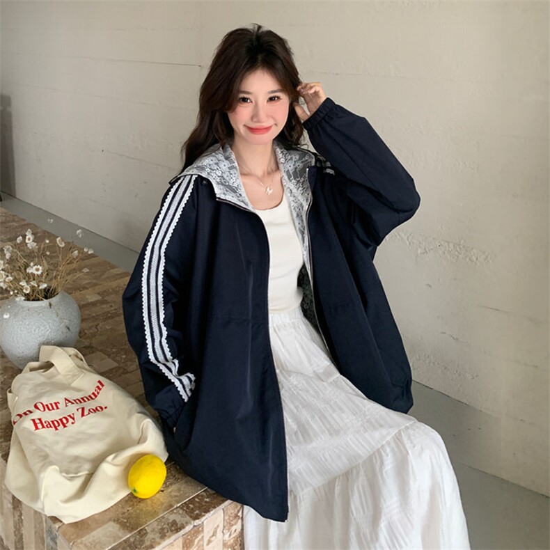 韩版设计感蕾丝花边连帽工装外套女春季2025年新款小个子夹克上衣,女装短外套,2D143