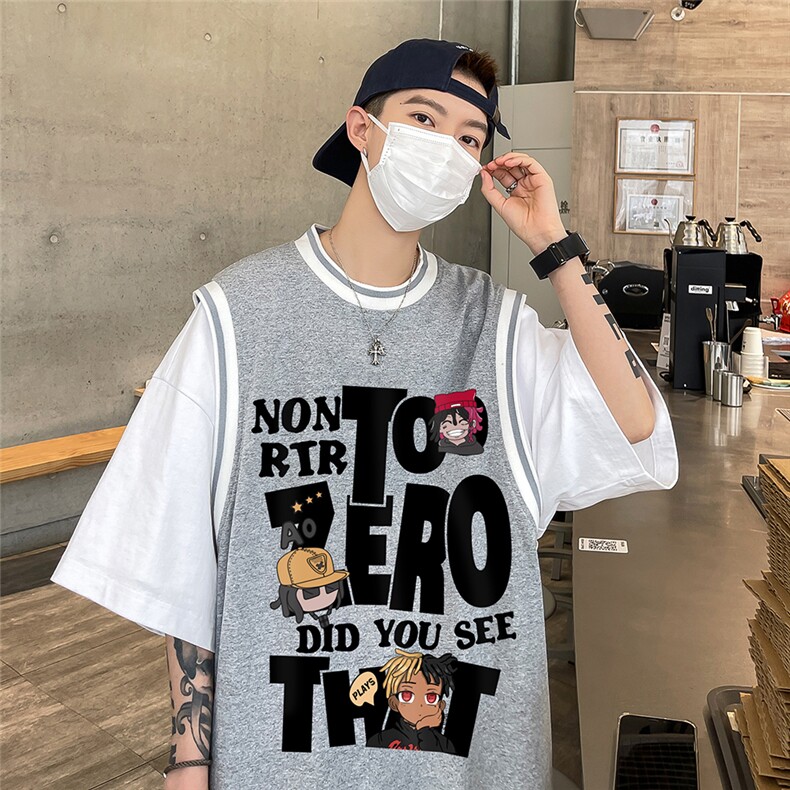 ！港风 23夏季时尚卡通假两件背心纯棉短袖T恤T6615 P40控58图片