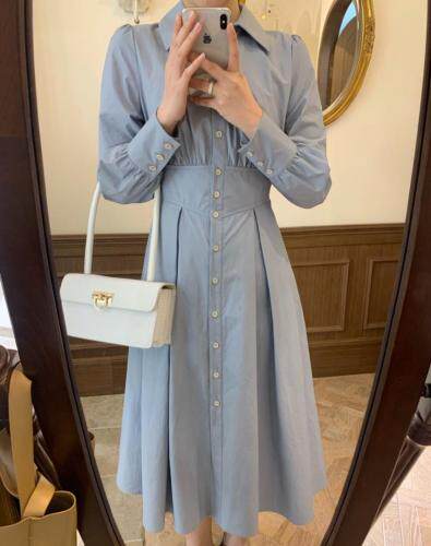 独屿2021春收腰大摆连衣裙全棉面料，女装连衣裙，独屿