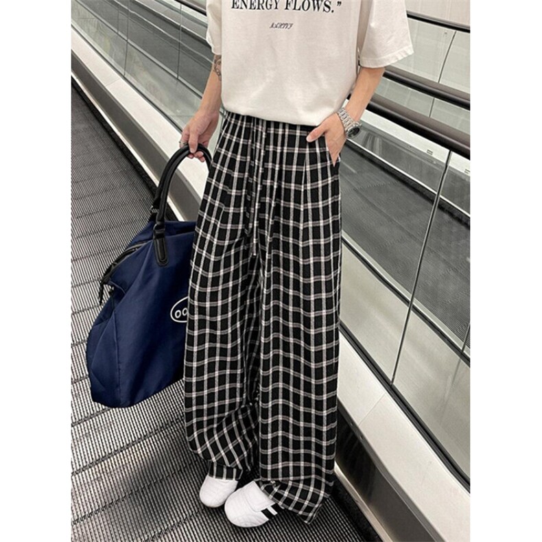 美式泡泡纱格子裤子男女夏薄款宽松bf慵懒风伞兵裤直筒微喇阔腿裤图片