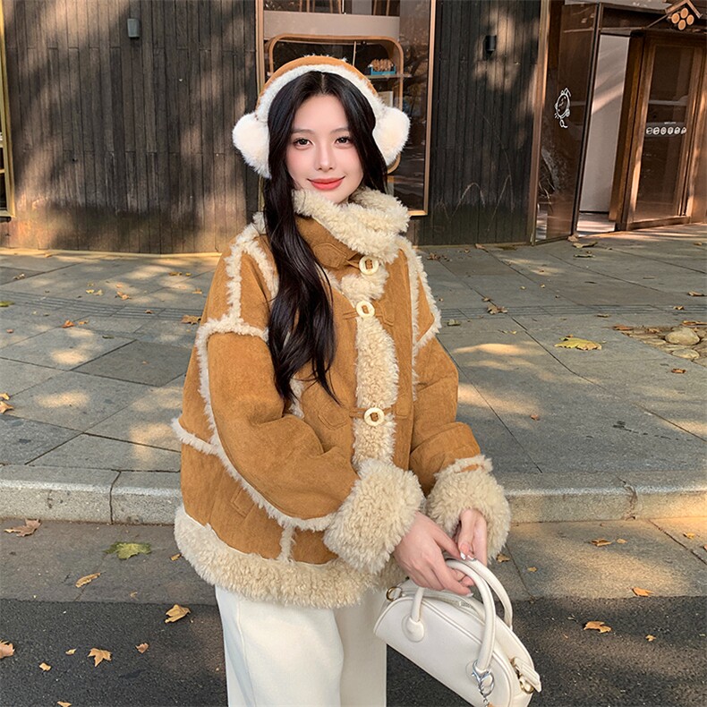 麂皮绒保暖上衣女冬羊羔毛一体皮毛外套,女装羊羔毛/颗粒绒,浙宝212A