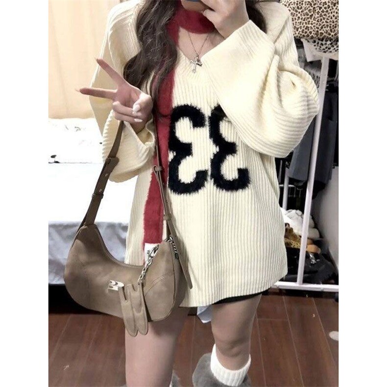 美式复古慵懒风v领数字提花套头毛衣女秋冬季宽松百搭加厚针织衫，女装针织衫/毛衣，星座506A