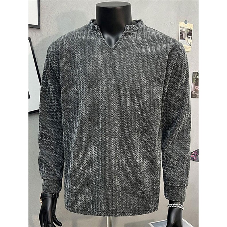 美式高街千鸟格子长袖T恤男女亨利V领英伦雅痞休闲宽松长袖打底衫，男装T恤，电商A443