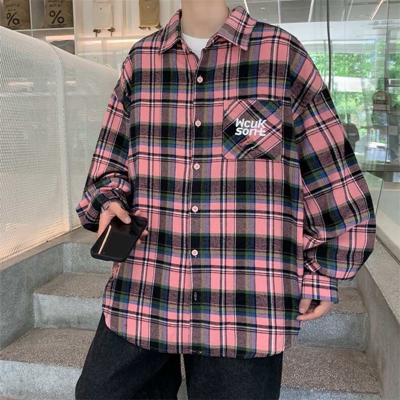 港风秋款男衬衫长袖条纹格子拼色字母刺绣休闲打底衬衣CS136 P40图片