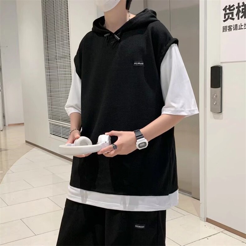 华夫格假两件套装男韩版潮2023夏季新款ins上衣宽松外套W2353-P37,男装休闲套装,星座412-2