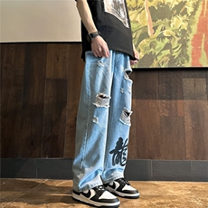 k1079-p55-控78M-5XL现货oversizecleanfit风黄泥牛仔裤破洞，男装牛仔裤，星座116