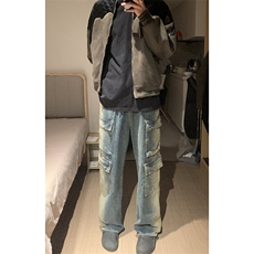 B221美式ins高街重工艺宽松做旧工装牛仔裤子LK23143-P80控108，男装牛仔裤，电商B221