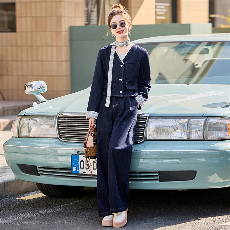 牛仔套装女2025春秋新款时髦气质韩系设计感气质炸街阔腿裤两件套,女装套装/套裙,E百度