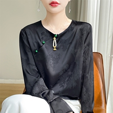 新中式设计感真丝衬衫大码面纯色提花圆领长袖T恤上衣，女装针织衫/毛衣，绒宛羊绒