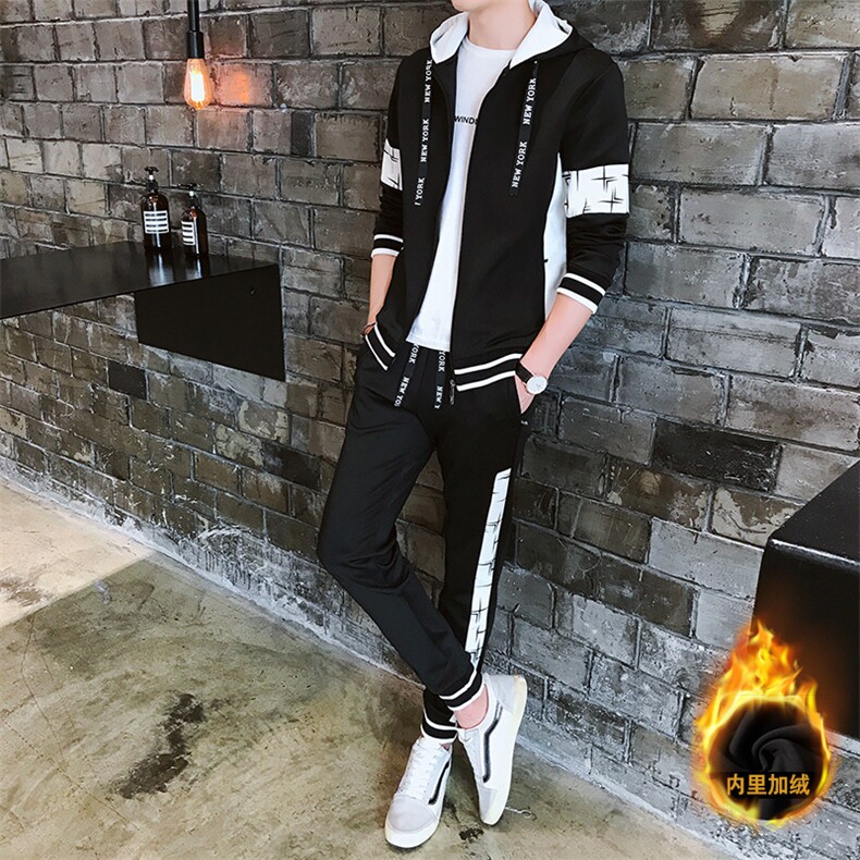 秋冬季青少年加绒连帽潮流开衫休闲运动卫衣套装男J02-1P75,男装休闲套装,电商A086