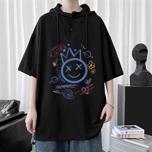 LD54180-P45 连帽短袖t恤男大码胖子带帽五分袖中袖图片