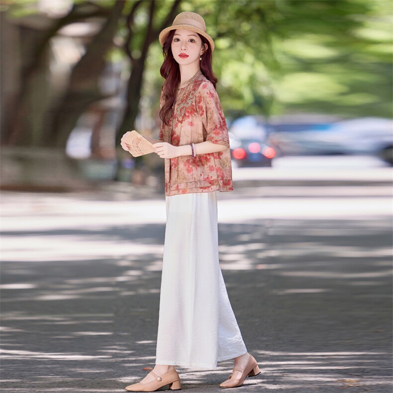 现货！夏季新款2025套装女简约时尚优雅气质印花天丝麻刺绣两件套,女装套装/套裙,魅影