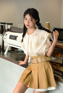 手工钉珠花朵领衬衫套装,女装衬衫,GN