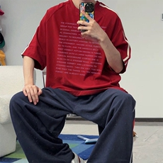 抖音得物高品质二开240克宽松纯棉美式潮牌三条杠织带短袖T恤，男装T恤，电商A486