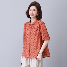 中年妈妈短袖衬衫女夏2023新款宽松洋气女装印花薄款衬衣休闲上衣，女装衬衫，涵誉