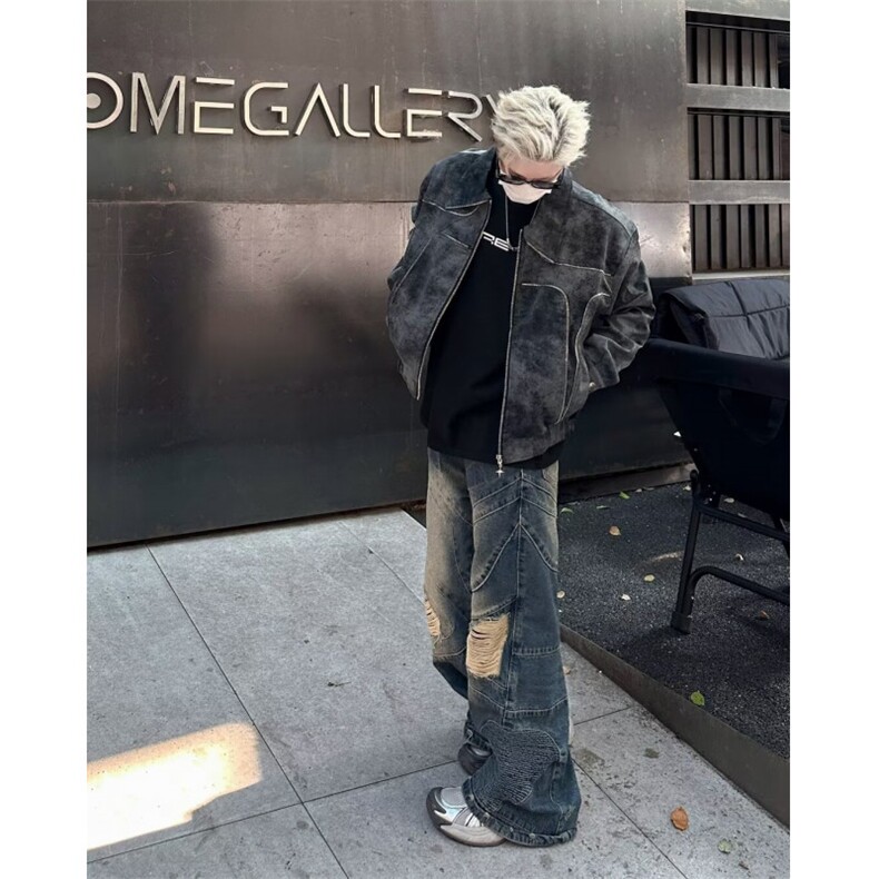 痞帅垫肩皮衣外套男高级感解构设计短款夹克复古风机车服,男装夹克,星座410-6（原星座1304-1）