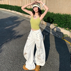 夏季涂鸦白色牛仔裤女士高个子加长版宽松阔腿弯刀裤子设计感小众，男装牛仔裤，星座506A